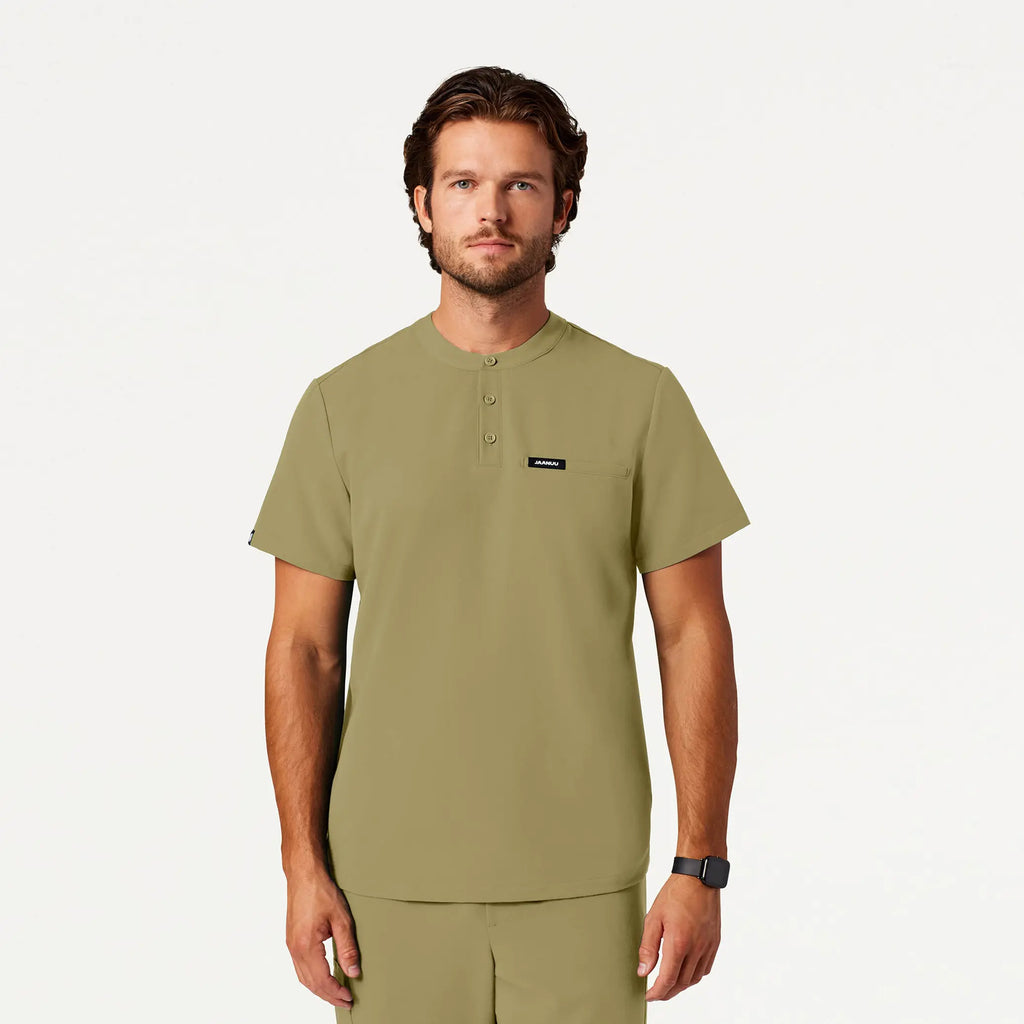 Jaanuu Scrubs Men's Reeve Henley Scrub Top Ceramic Khaki | scrub-supply.com