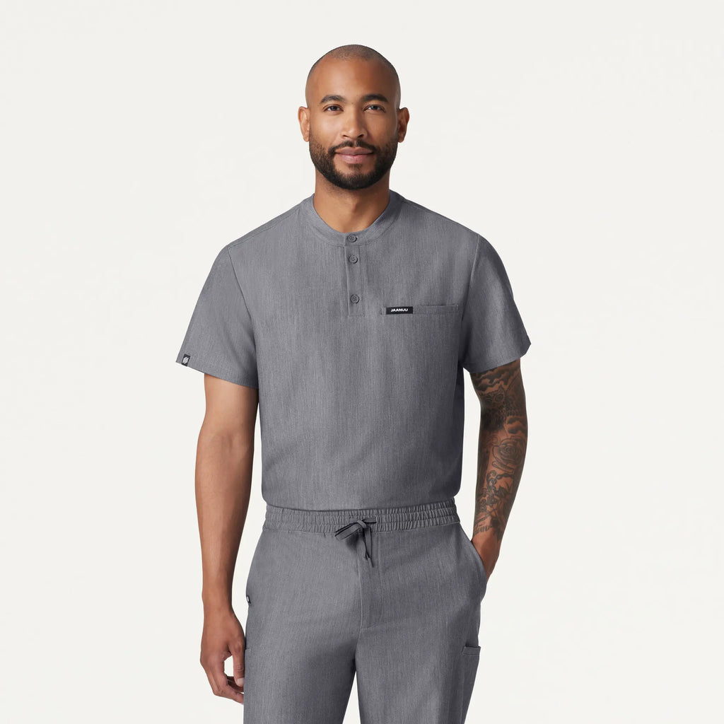 Jaanuu Scrubs Men's Reeve Henley Scrub Top Heather Gray | scrub-supply.com