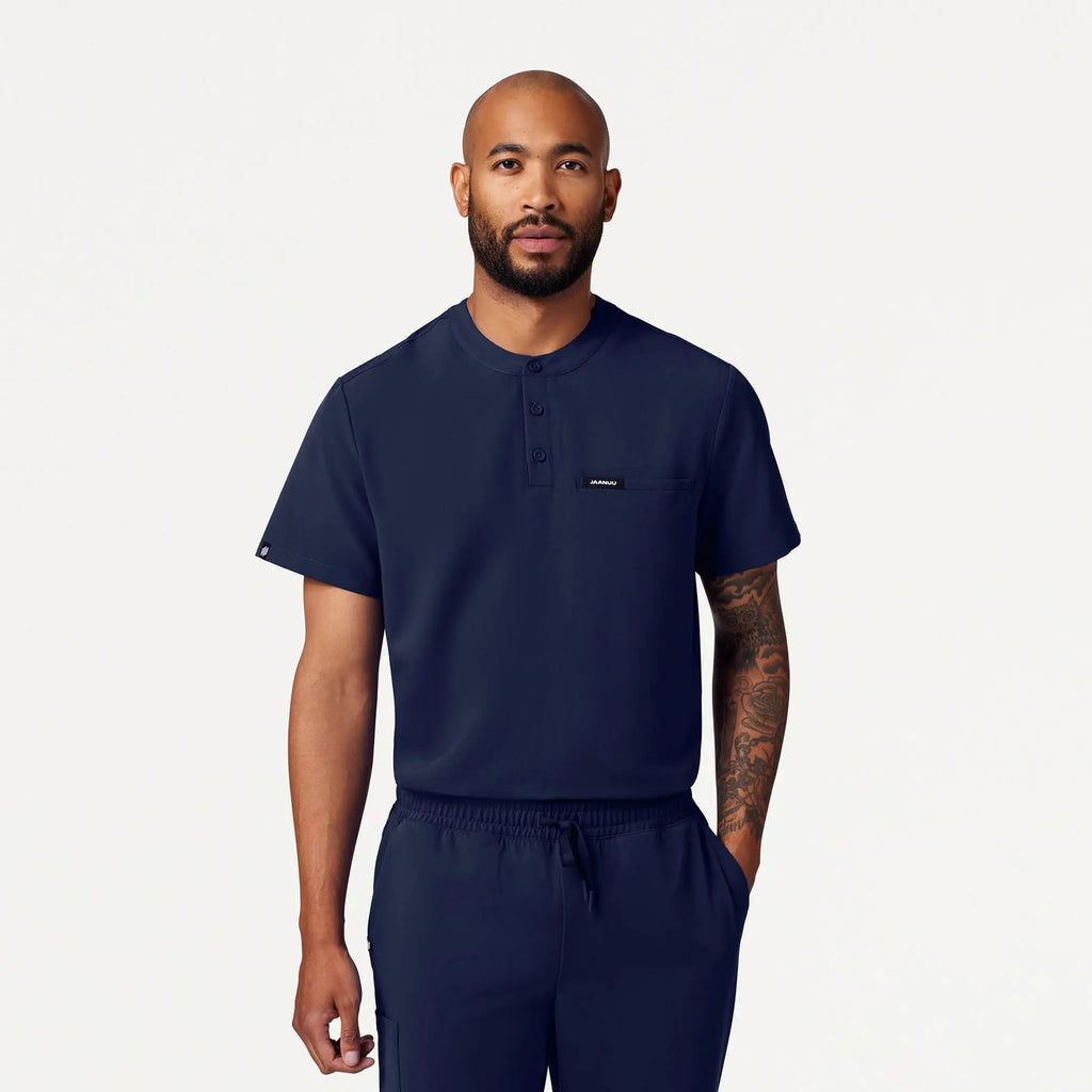 Jaanuu Scrubs Men's Reeve Henley Scrub Top Midnight Navy | scrub-supply.com