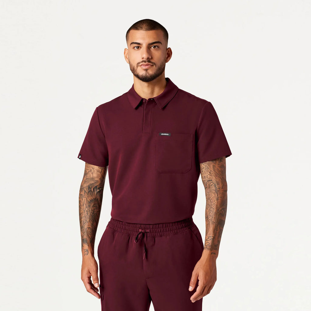 Jaanuu Scrubs Men's Axis Polo Scrub Top Burgundy | scrub-supply.com