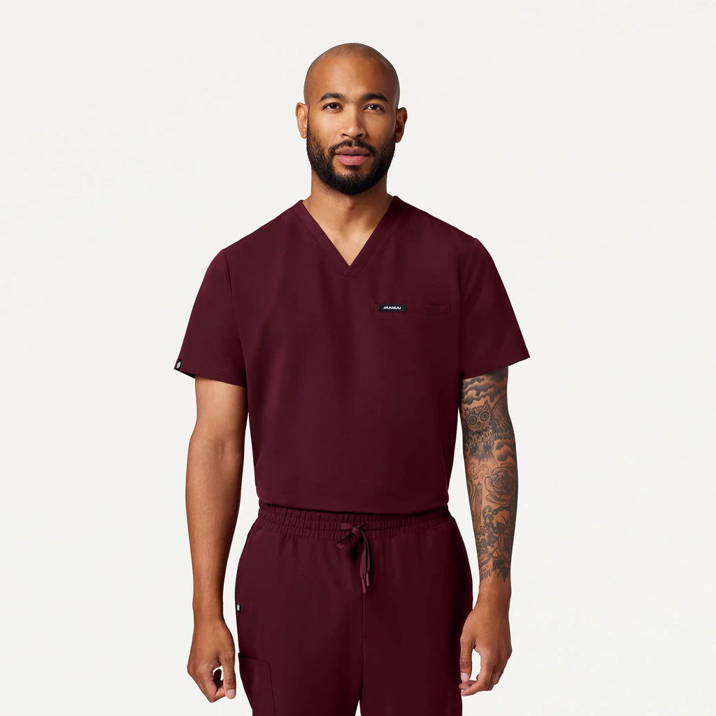 Jaanuu Scrubs Men's Romin 1-Pocket Scrub Top Burgundy | scrub-supply.com