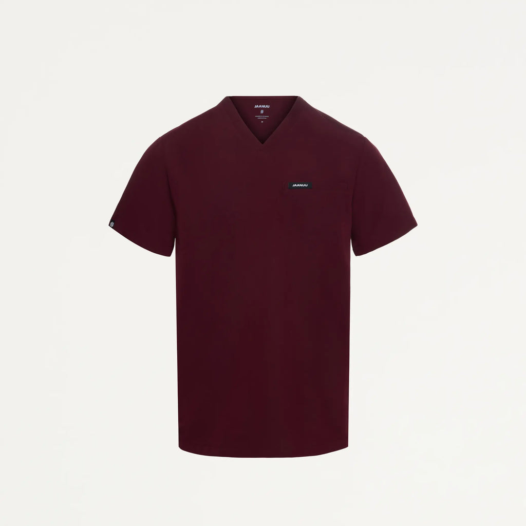 Jaanuu Scrubs Men's Romin 1-Pocket Scrub Top Burgundy | scrub-supply.com