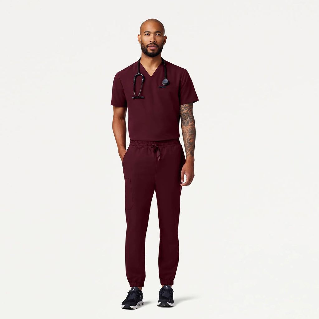 Jaanuu Scrubs Men's Romin 1-Pocket Scrub Top Burgundy | scrub-supply.com