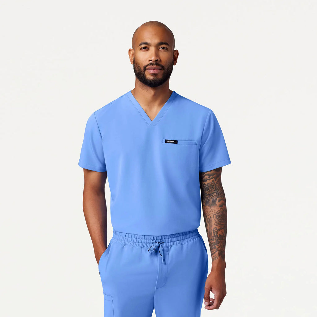 Jaanuu Scrubs Men's Romin 1-Pocket Scrub Top Ceil Blue | scrub-supply.com