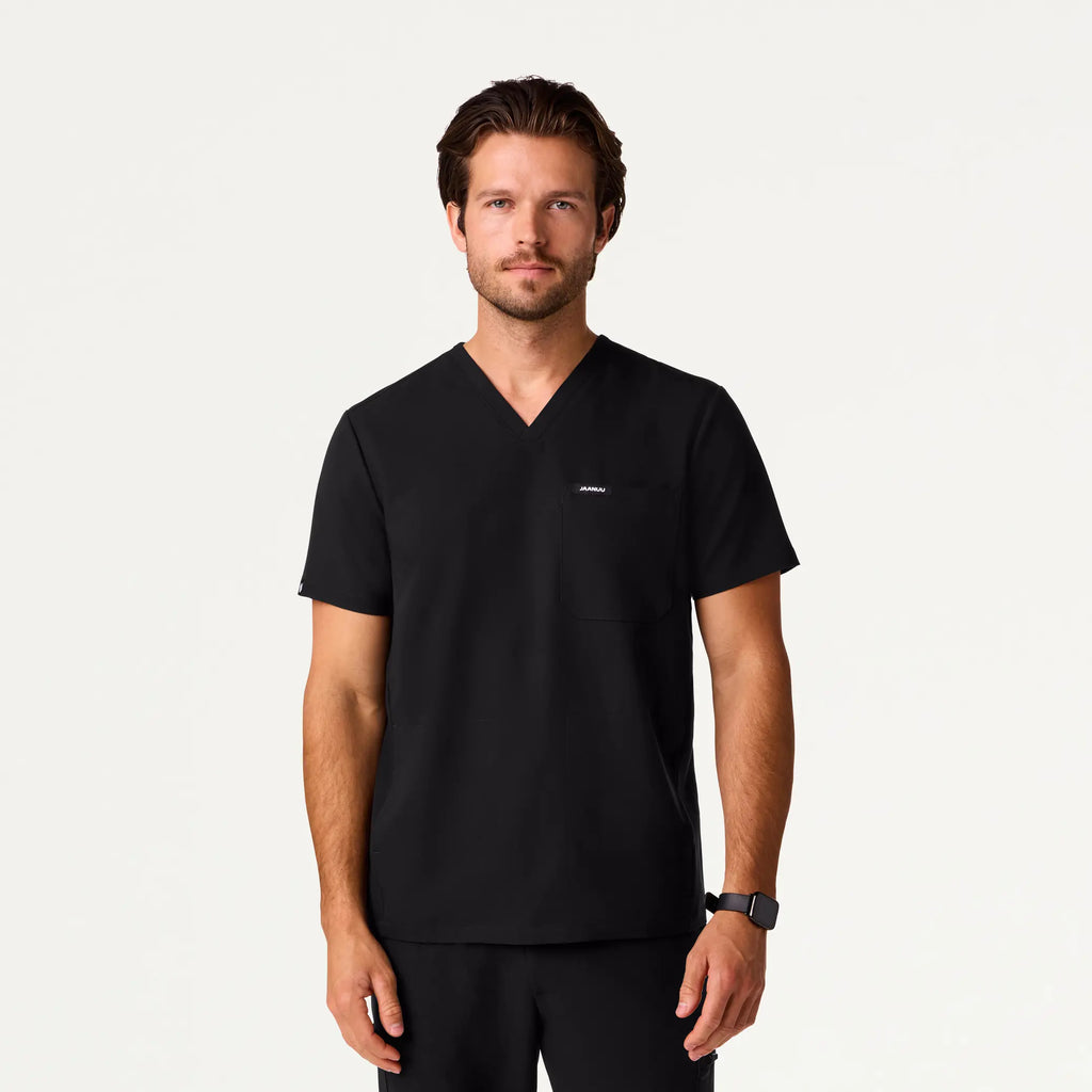 Jaanuu Scrubs Men's Bron 3-Pocket Scrub Top Black | scrub-supply.com