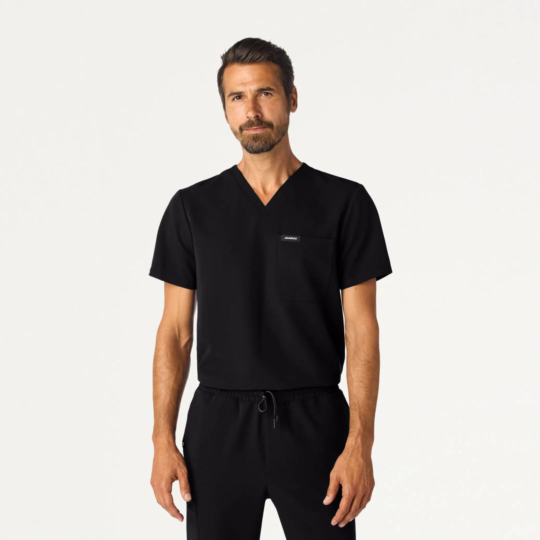 Jaanuu Scrubs Men's Holmes Slim Everyday 1-Pocket Scrub Top Black | scrub-supply.com