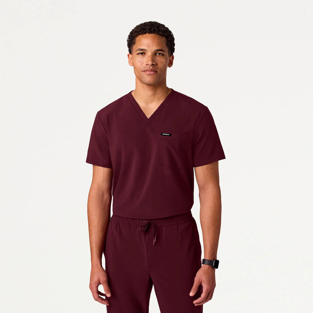 Jaanuu Scrubs Men's Rhys 1-Pocket Scrub Top Burgundy | scrub-supply.com