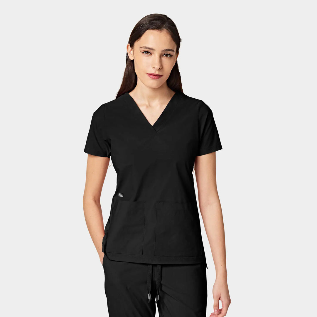 Parkley Scrubs Women's Cressy ABC Two Pocket V-Neck Scrub Top Black | scrub-supply.com