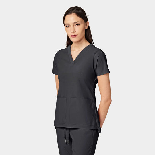 Parkley Scrubs Women's Cressy ABC Two Pocket V-Neck Scrub Top Charcoal | scrub-supply.com