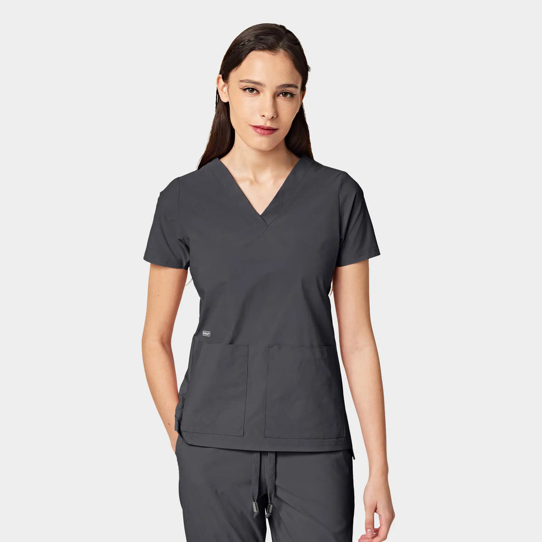 Parkley Scrubs Women's Cressy ABC Two Pocket V-Neck Scrub Top Charcoal | scrub-supply.com