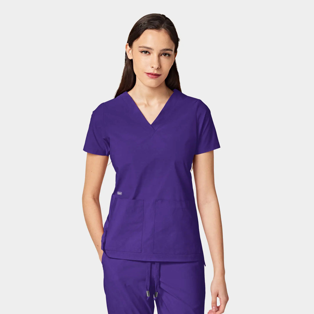 Parkley Scrubs Women's Cressy ABC Two Pocket V-Neck Scrub Top Dark Purple | scrub-supply.com
