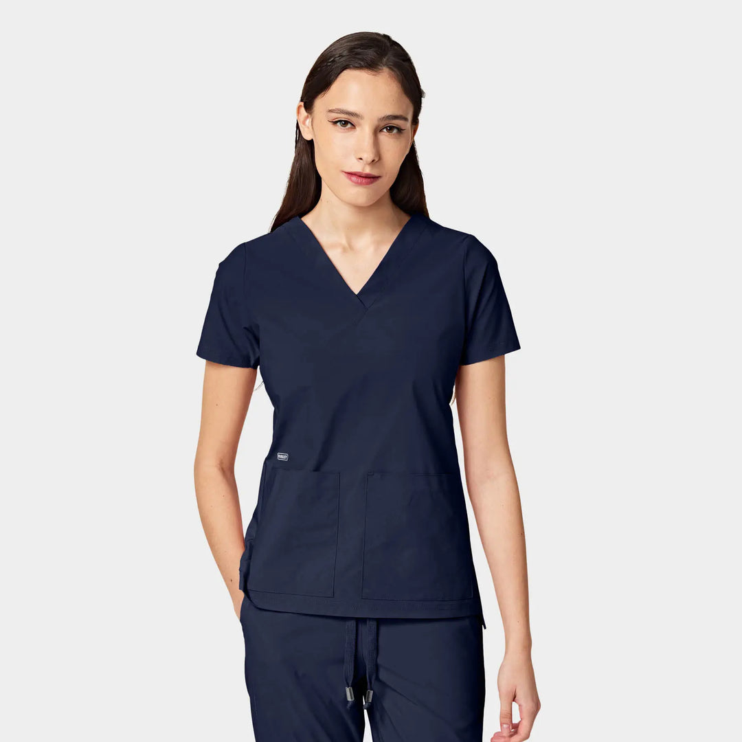 Parkley Scrubs Women's Cressy ABC Two Pocket V-Neck Scrub Top Navy | scrub-supply.com