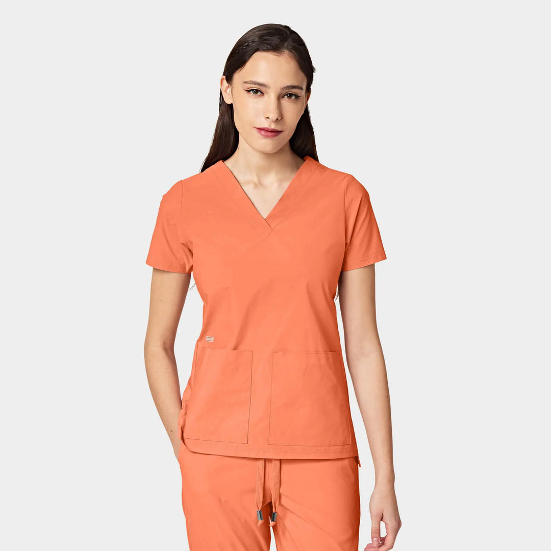 Parkley Scrubs Women's Cressy ABC Two Pocket V-Neck Scrub Top Tangerine | scrub-supply.com