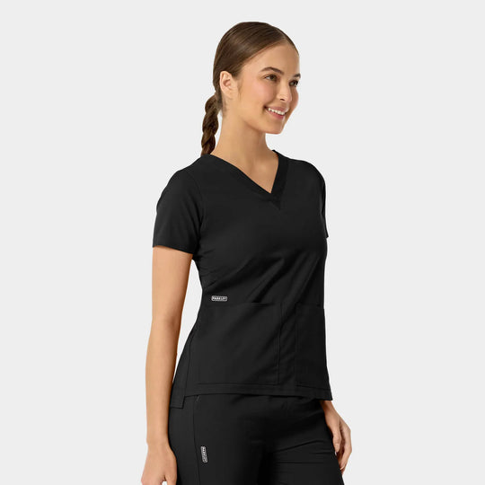 Parkley Scrubs Women's Astrid Kinetic Two Pocket V-Neck Scrub Top Black | scrub-supply.com