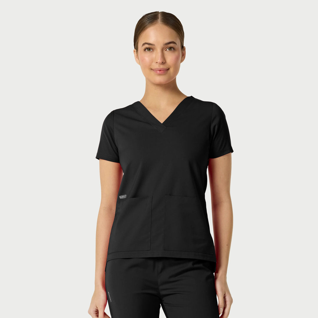 Parkley Scrubs Women's Astrid Kinetic Two Pocket V-Neck Scrub Top Black | scrub-supply.com