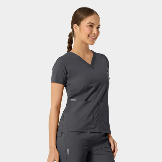 Parkley Scrubs Women's Astrid Kinetic Two Pocket V-Neck Scrub Top Charcoal | scrub-supply.com