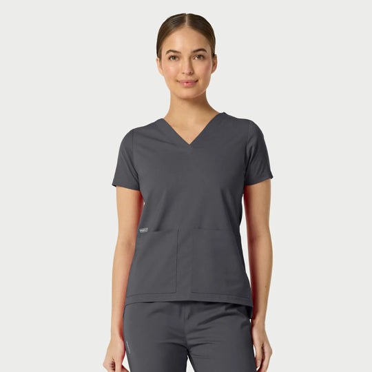 Parkley Scrubs Women's Astrid Kinetic Two Pocket V-Neck Scrub Top Charcoal | scrub-supply.com