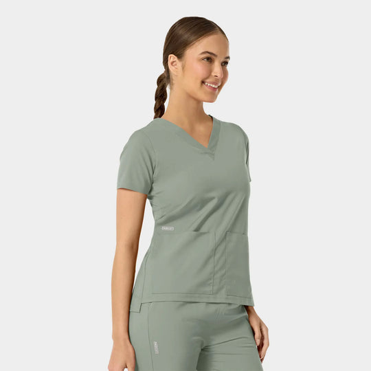 Parkley Scrubs Women's Astrid Kinetic Two Pocket V-Neck Scrub Top Camp Green | scrub-supply.com