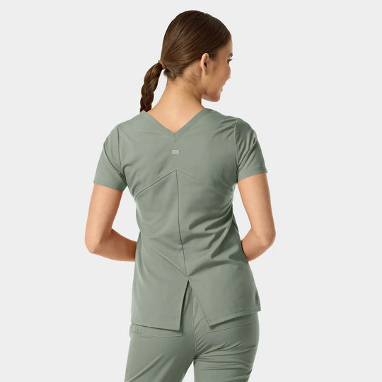 Parkley Scrubs Women's Astrid Kinetic Two Pocket V-Neck Scrub Top Camp Green | scrub-supply.com