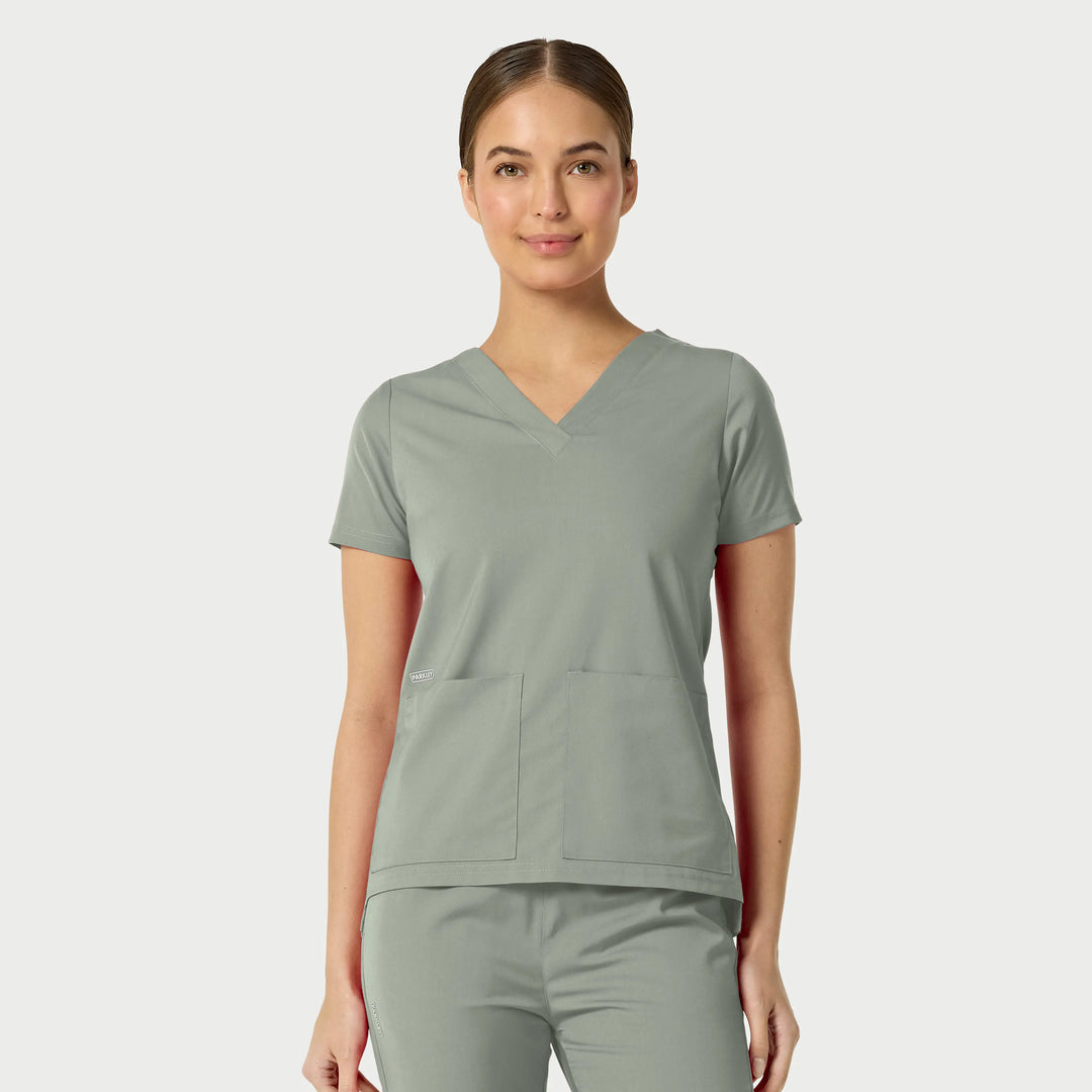 Parkley Scrubs Women's Astrid Kinetic Two Pocket V-Neck Scrub Top Camp Green | scrub-supply.com