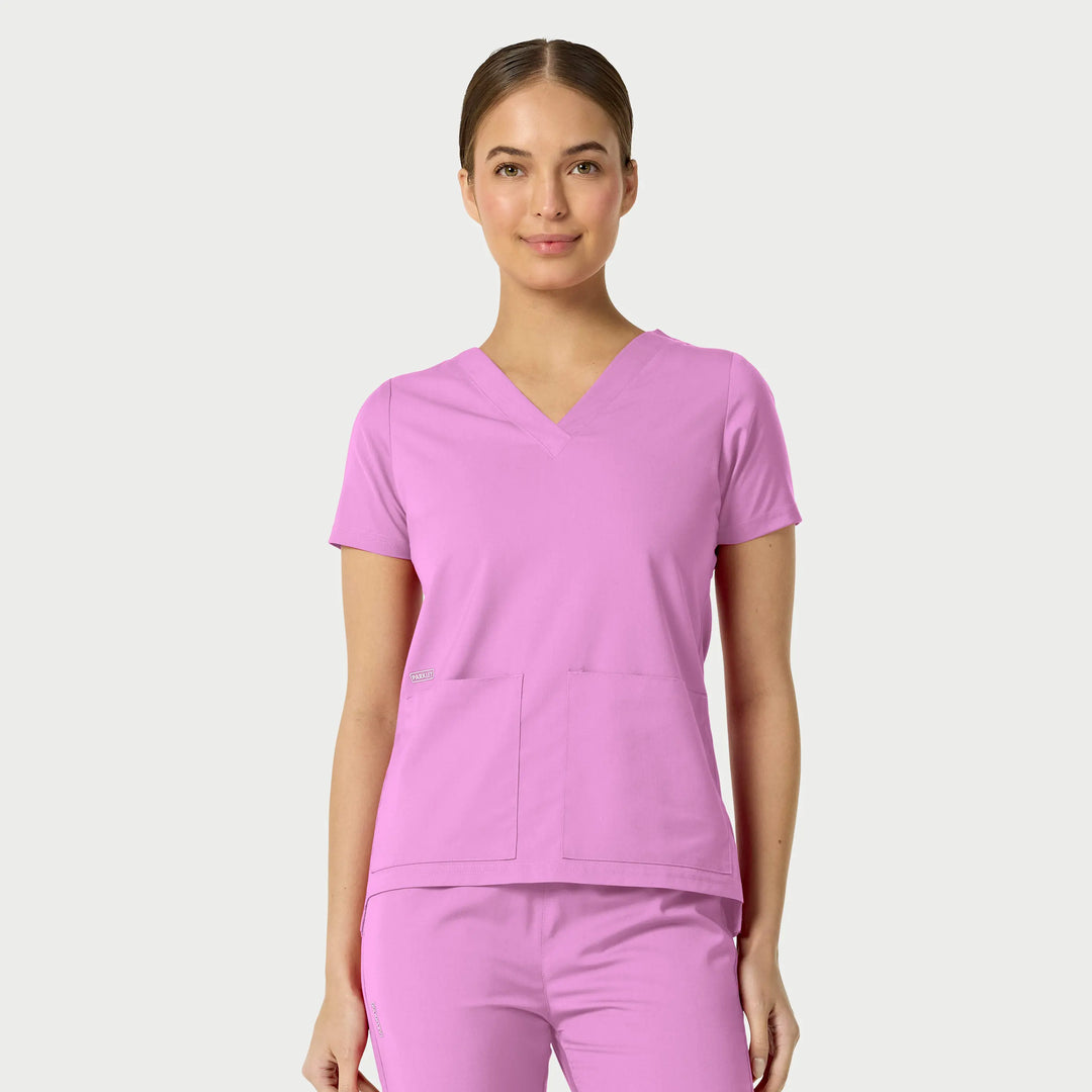 Parkley Scrubs Women's Astrid Kinetic Two Pocket V-Neck Scrub Top Pink Purple | scrub-supply.com