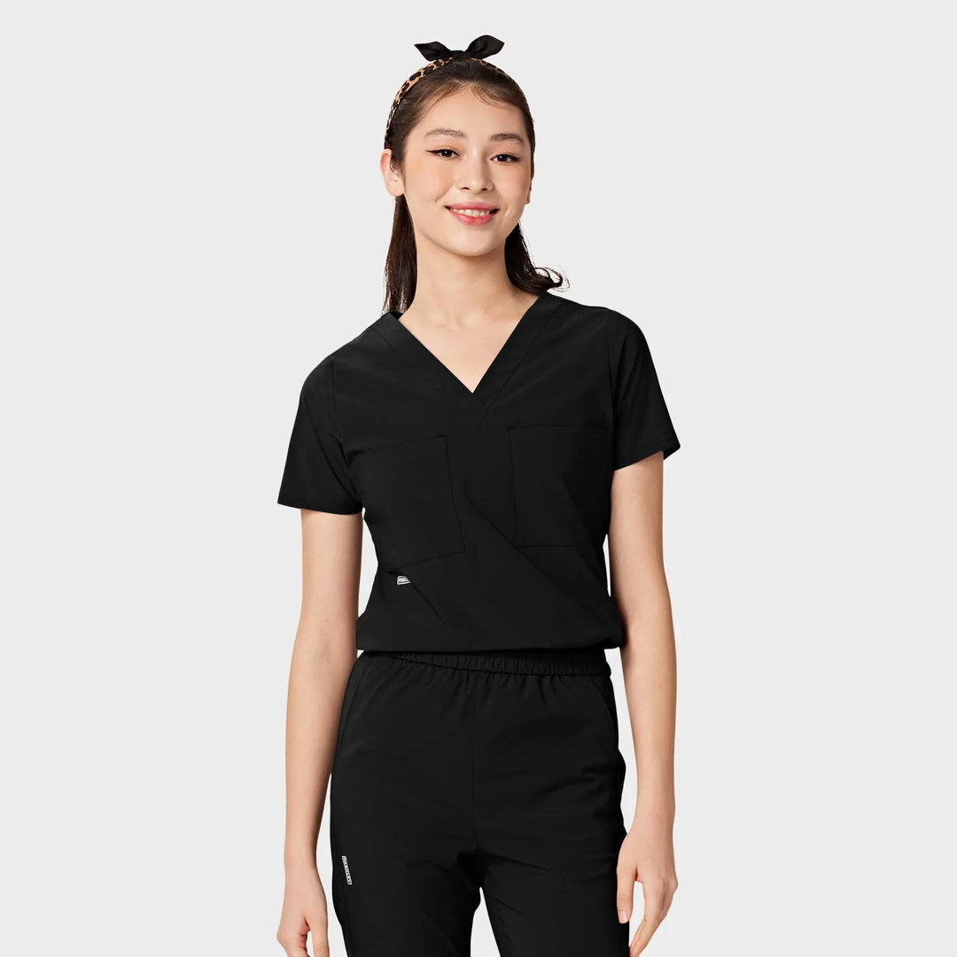 Parkley Scrubs Women's Valencia ABC Tuck Band V-Neck Scrub Top Black | scrub-supply.com