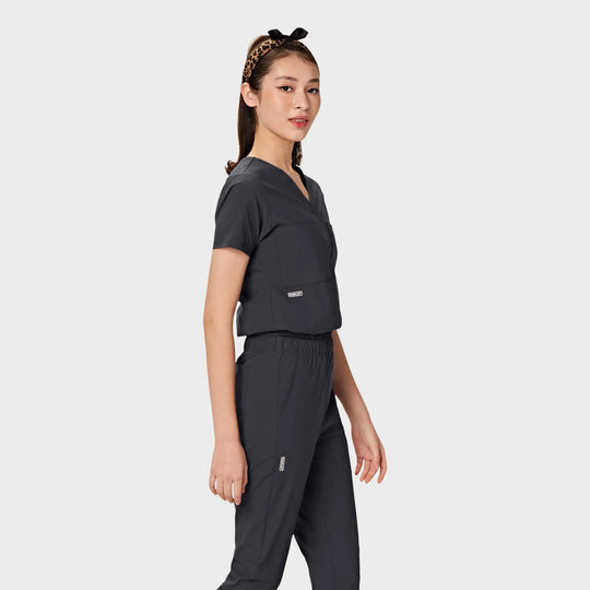 Parkley Scrubs Women's Valencia ABC Tuck Band V-Neck Scrub Top Charcoal | scrub-supply.com