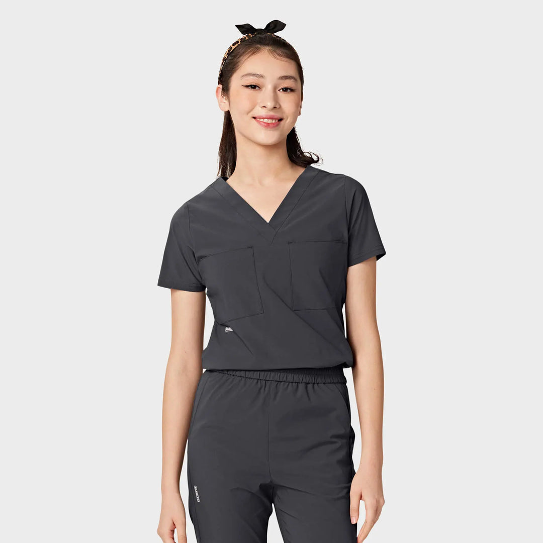 Parkley Scrubs Women's Valencia ABC Tuck Band V-Neck Scrub Top Charcoal | scrub-supply.com