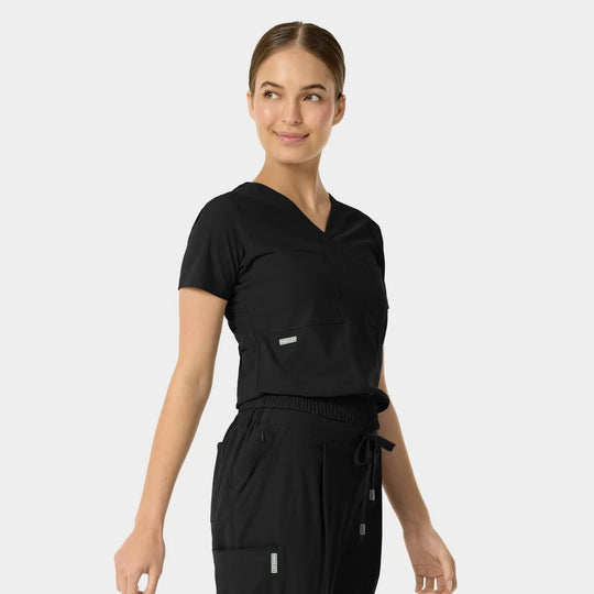 Parkley Scrubs Women's Celine Kinetic Tuck Band V-Neck Scrub Top Black | scrub-supply.com