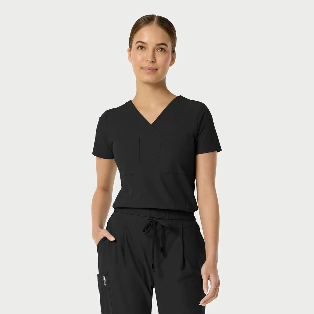 Parkley Scrubs Women's Celine Kinetic Tuck Band V-Neck Scrub Top Black | scrub-supply.com