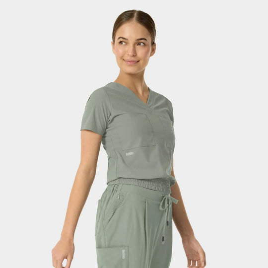 Parkley Scrubs Women's Celine Kinetic Tuck Band V-Neck Scrub Top Camp Green | scrub-supply.com