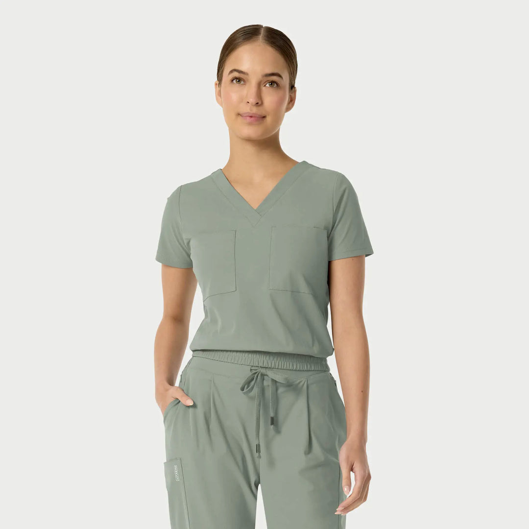 Parkley Scrubs Women's Celine Kinetic Tuck Band V-Neck Scrub Top Camp Green | scrub-supply.com
