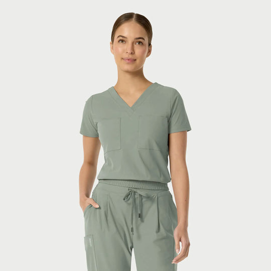 Parkley Scrubs Women's Celine Kinetic Tuck Band V-Neck Scrub Top Camp Green | scrub-supply.com