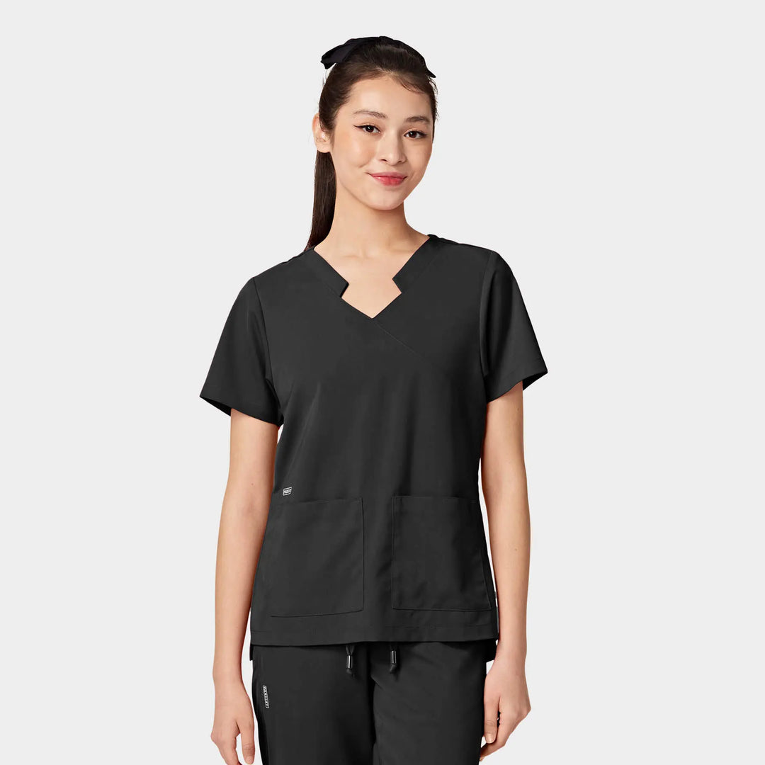 Parkley Scrubs Women's Tess ABC Two-Pocket Mandarin Scrub Top Black | scrub-supply.com