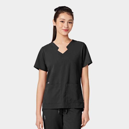 Parkley Scrubs Women's Tess ABC Two-Pocket Mandarin Scrub Top Black | scrub-supply.com