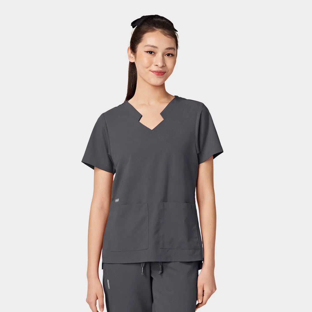 Parkley Scrubs Women's Tess ABC Two-Pocket Mandarin Scrub Top Charcoal | scrub-supply.com