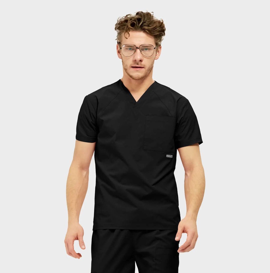 Parkley Scrubs Men's Atlas Kinetic 3-Pocket V-Neck Scrub Top Black | scrub-supply.com