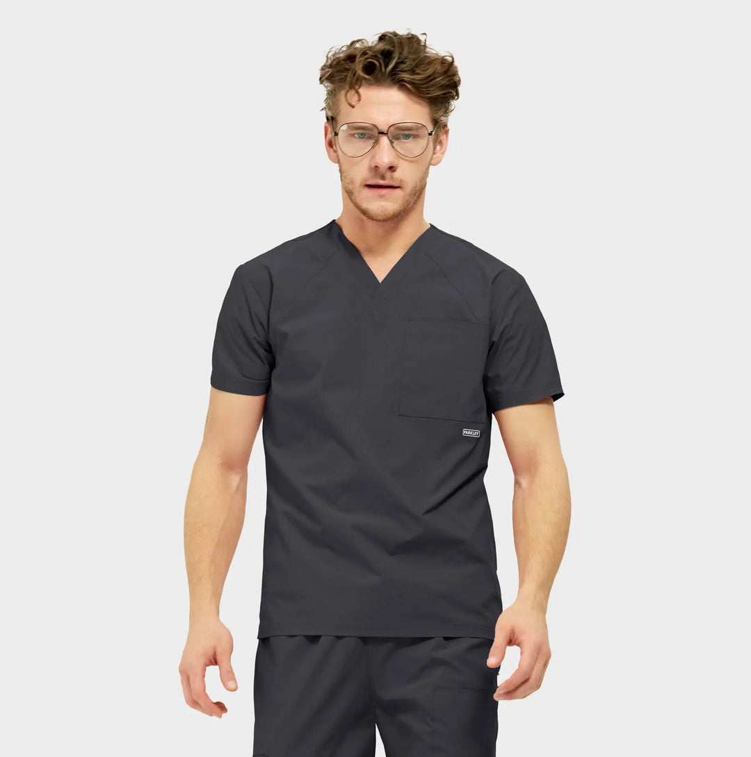 Parkley Scrubs Men's Atlas Kinetic 3-Pocket V-Neck Scrub Top Charcoal | scrub-supply.com