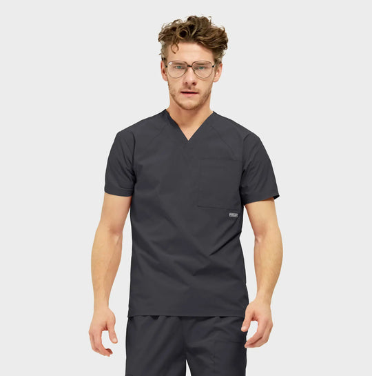 Parkley Scrubs Men's Atlas Kinetic 3-Pocket V-Neck Scrub Top Charcoal | scrub-supply.com