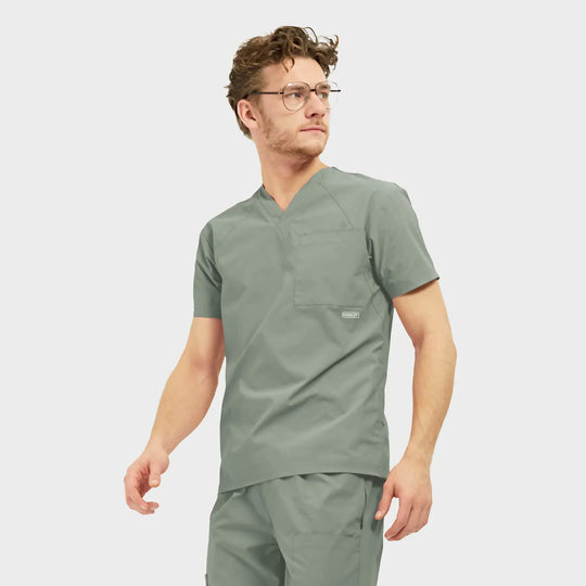 Parkley Scrubs Men's Atlas Kinetic 3-Pocket V-Neck Scrub Top Camp Green | scrub-supply.com