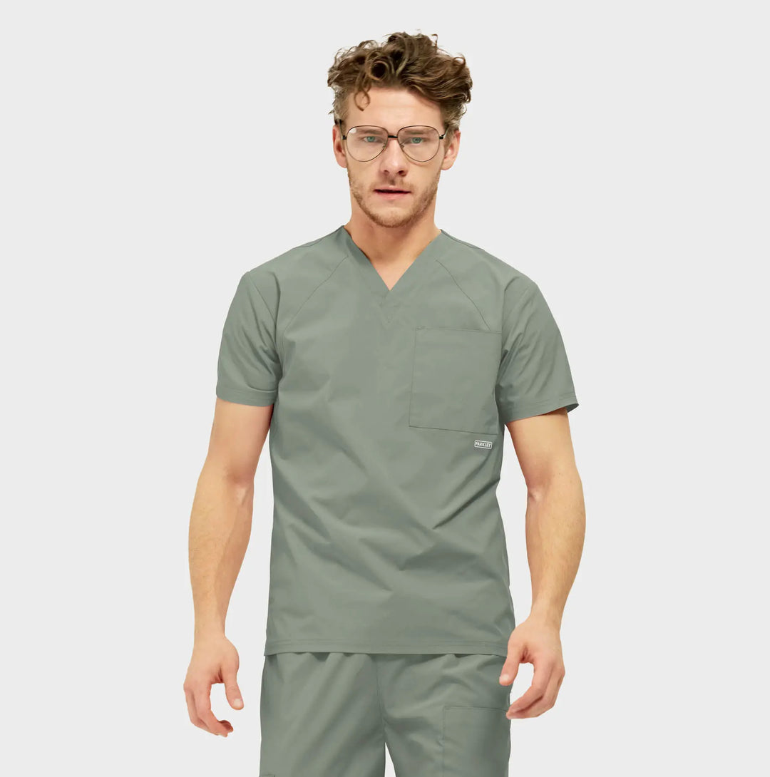 Parkley Scrubs Men's Atlas Kinetic 3-Pocket V-Neck Scrub Top Camp Green | scrub-supply.com