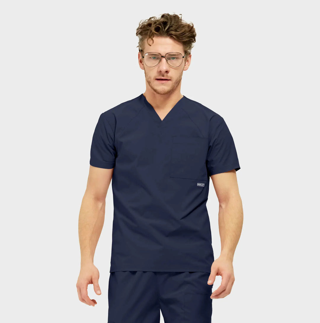 Parkley Scrubs Men's Atlas Kinetic 3-Pocket V-Neck Scrub Top Navy | scrub-supply.com