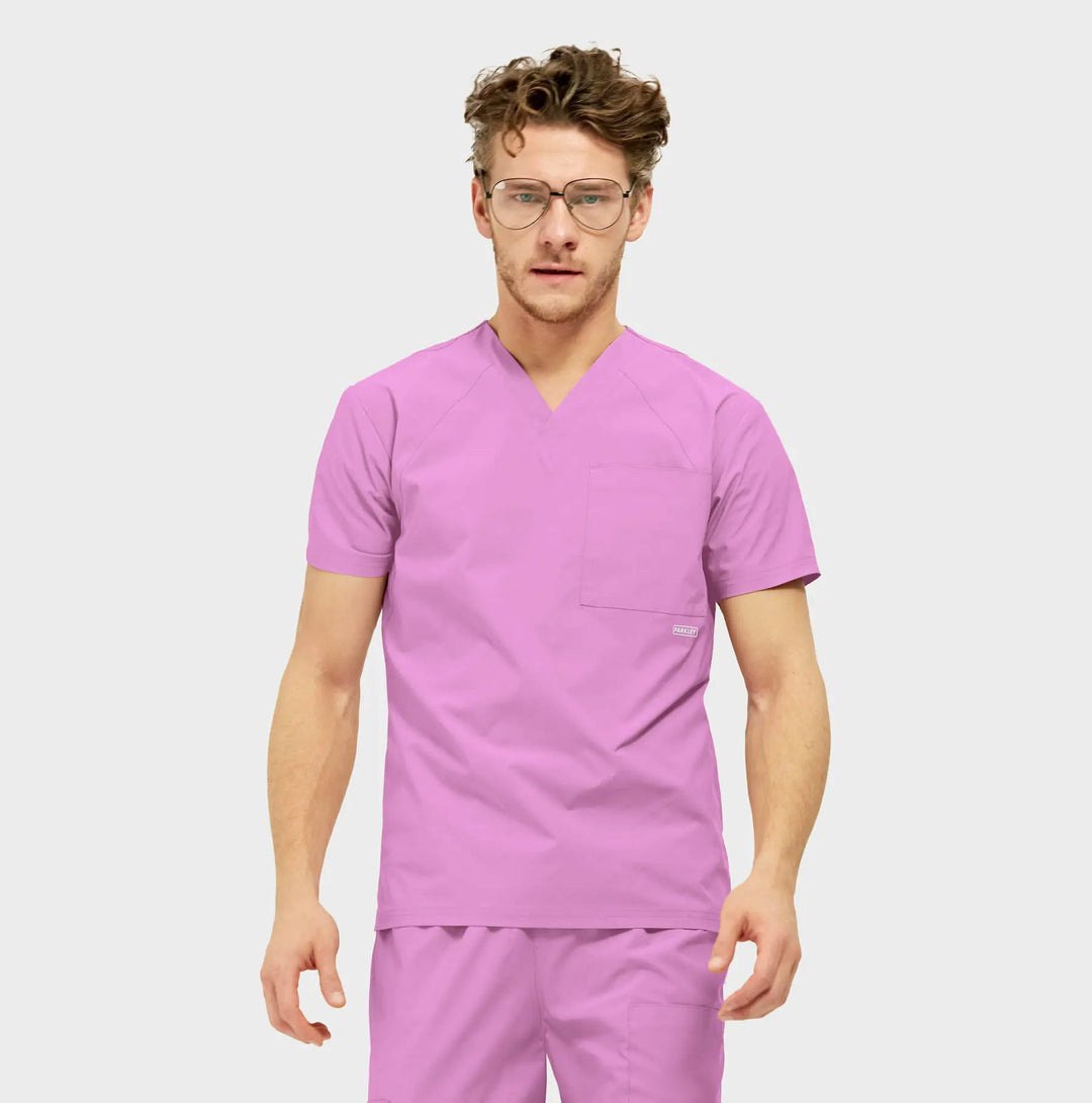 Parkley Scrubs Men's Atlas Kinetic 3-Pocket V-Neck Scrub Top Pink Purple | scrub-supply.com