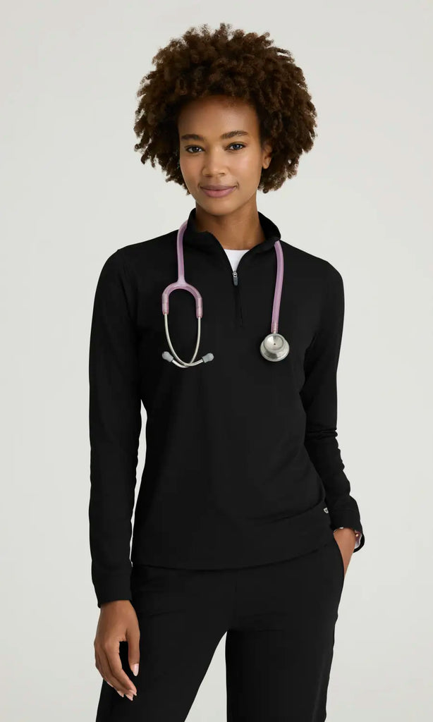 Skechers by Barco Scrubs Women's Atlas Long Sleeve Knit Top Black | scrub-supply.com