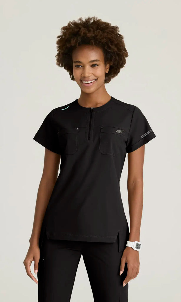 Skechers by Barco Scrubs Women's Trek Tuck-In Top Black | scrub-supply.com
