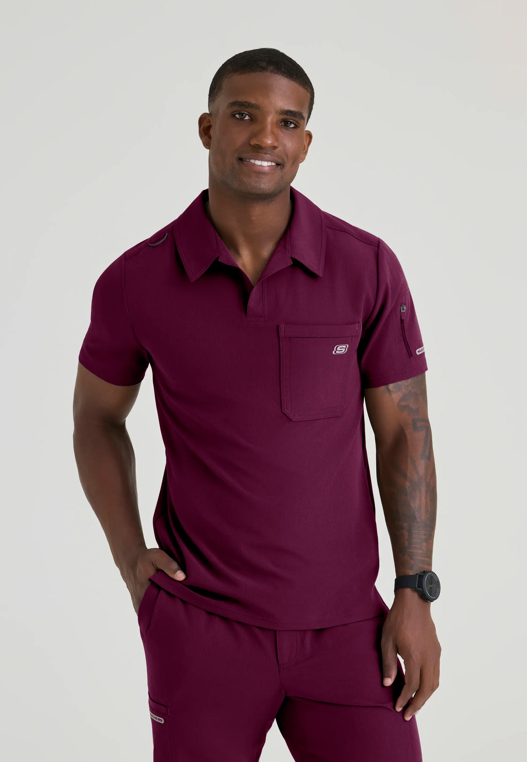 Skechers by Barco Scrubs Men's Merit Top Wine | scrub-supply.com