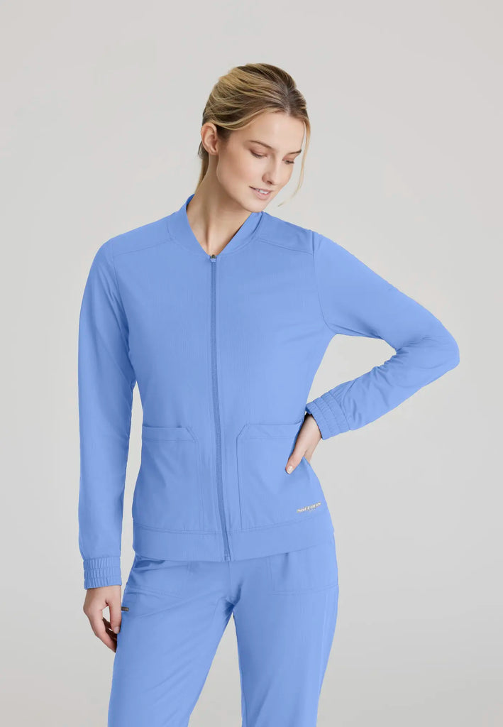 Barco Scrubs Women's Contour Knit Warm-Up Ceil Blue | scrub-supply.com