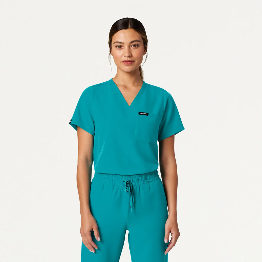 Jaanuu Scrubs Women's Rhena Essential 1-Pocket Scrub Top Aqua | scrub-supply.com