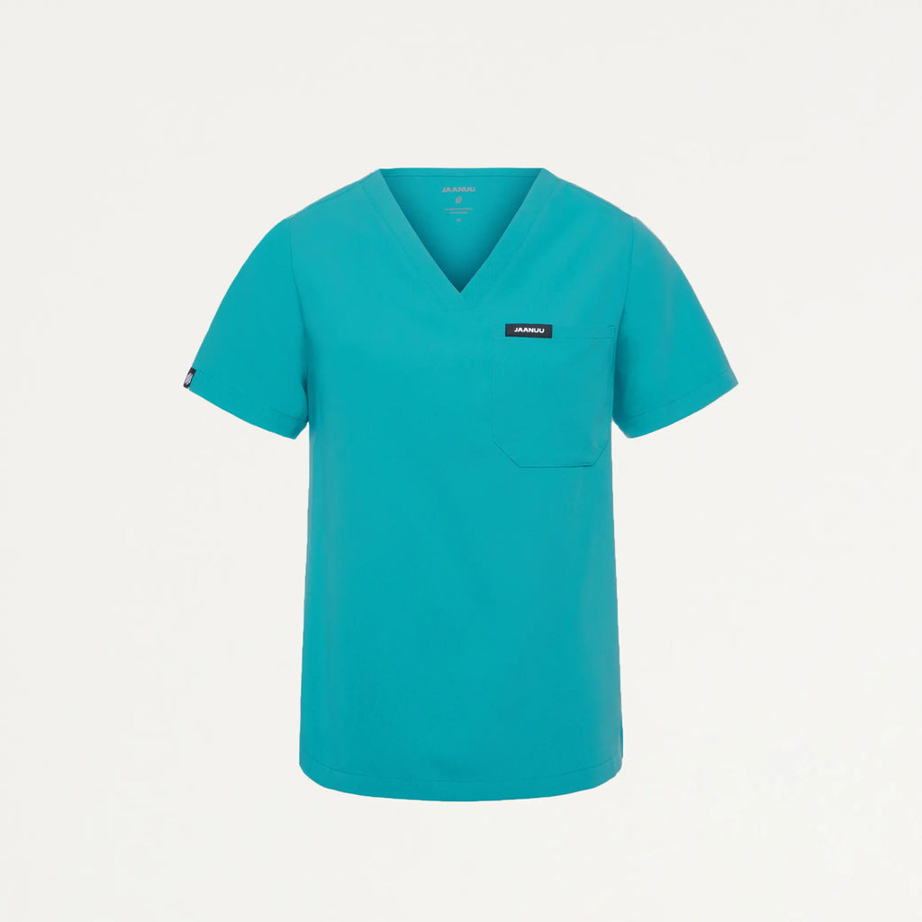 Jaanuu Scrubs Women's Rhena Essential 1-Pocket Scrub Top Aqua | scrub-supply.com