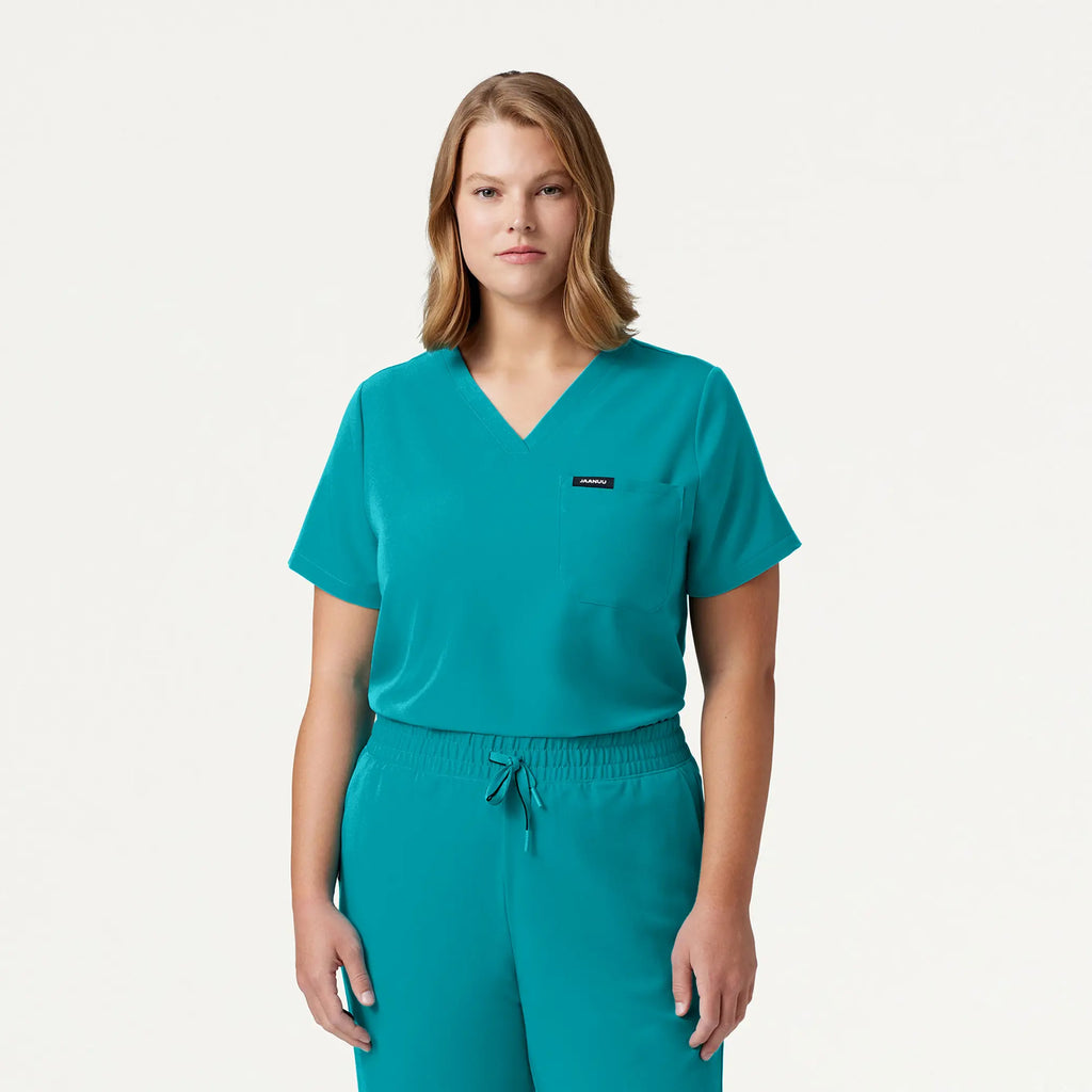 Jaanuu Scrubs Women's Rhena Essential 1-Pocket Scrub Top Aqua | scrub-supply.com